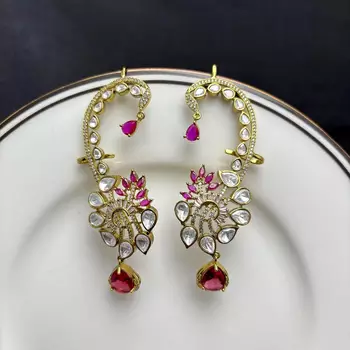 Ruby Pink Kundan Ear Cuff Earrings, Indian Bridal Ear Wrap, Gold Crawler Statement Wedding 3