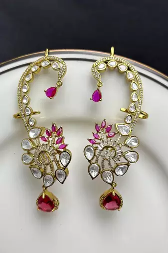 Ruby Pink Kundan Ear Cuff Earrings, Indian Bridal Ear Wrap, Gold Crawler Statement Wedding