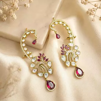Ruby Pink Kundan Ear Cuff Earrings, Indian Bridal Ear Wrap, Gold Crawler Statement Wedding 4