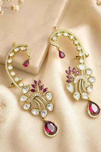 Ruby Pink Kundan Ear Cuff Earrings, Indian Bridal Ear Wrap, Gold Crawler Statement Wedding