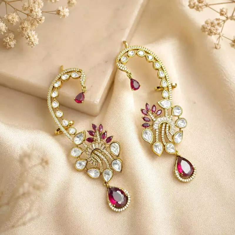 Ruby Pink Kundan Ear Cuff Earrings, Indian Bridal Ear Wrap, Gold Crawler Statement Wedding