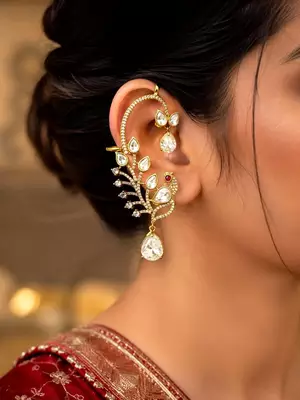 Peacock Ear Cuff Earrings, Gold Bridal Ear Wrap, CZ Teardrop Stones, Indian Wedding Climber 1