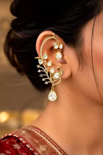 Peacock Ear Cuff Earrings, Gold Bridal Ear Wrap, CZ Teardrop Stones, Indian Wedding Climber
