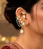 Peacock Ear Cuff Earrings, Gold Bridal Ear Wrap, CZ Teardrop Stones, Indian Wedding Climber