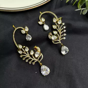 Peacock Ear Cuff Earrings, Gold Bridal Ear Wrap, CZ Teardrop Stones, Indian Wedding Climber 2