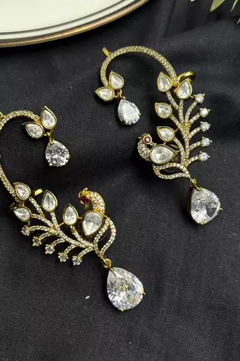 Peacock Ear Cuff Earrings, Gold Bridal Ear Wrap, CZ Teardrop Stones, Indian Wedding Climber