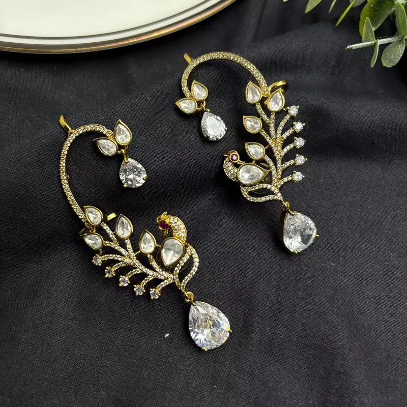 Peacock Ear Cuff Earrings, Gold Bridal Ear Wrap, CZ Teardrop Stones, Indian Wedding Climber