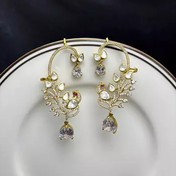 Peacock Ear Cuff Earrings, Gold Bridal Ear Wrap, CZ Teardrop Stones, Indian Wedding Climber 3