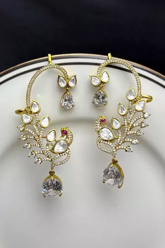 Peacock Ear Cuff Earrings, Gold Bridal Ear Wrap, CZ Teardrop Stones, Indian Wedding Climber