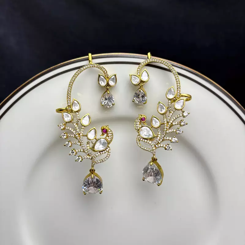 Peacock Ear Cuff Earrings, Gold Bridal Ear Wrap, CZ Teardrop Stones, Indian Wedding Climber