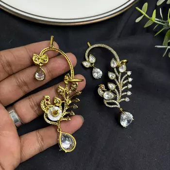 Peacock Ear Cuff Earrings, Gold Bridal Ear Wrap, CZ Teardrop Stones, Indian Wedding Climber 4