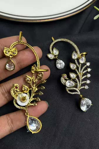 Peacock Ear Cuff Earrings, Gold Bridal Ear Wrap, CZ Teardrop Stones, Indian Wedding Climber