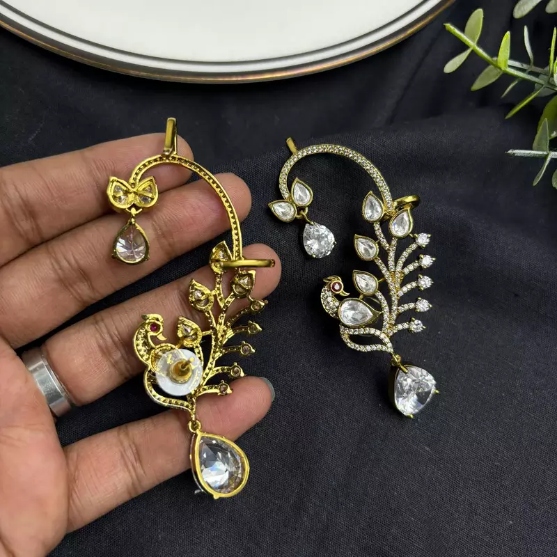 Peacock Ear Cuff Earrings, Gold Bridal Ear Wrap, CZ Teardrop Stones, Indian Wedding Climber
