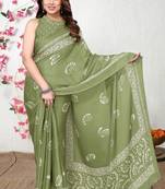 Women's green paisley batik print chiffon saree with unstitched piece