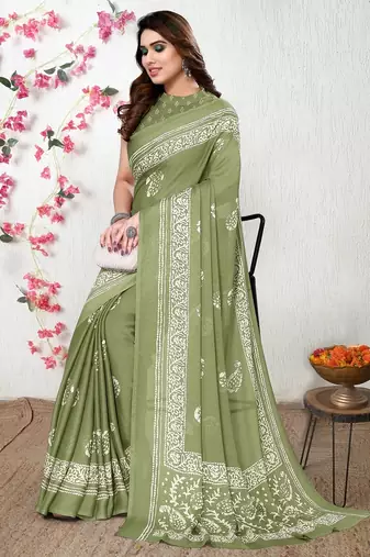 Women's green paisley batik print chiffon saree with unstitched piece