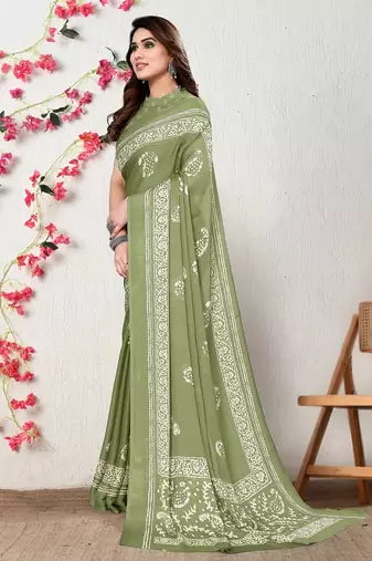 Women's green paisley batik print chiffon saree with unstitched piece