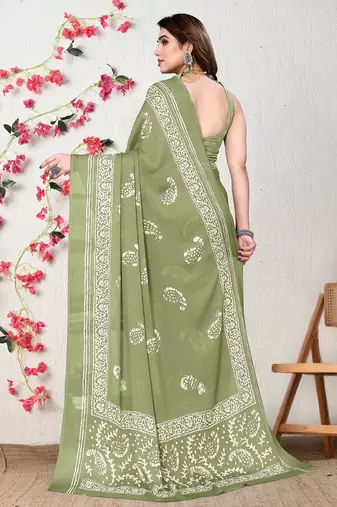 Women's green paisley batik print chiffon saree with unstitched piece