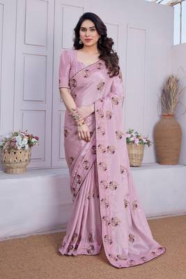 Women's pink embroidery work silk blend saree with unstitched piece 1