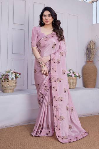 Women's pink embroidery work silk blend saree with unstitched piece