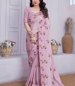 Women's pink embroidery work silk blend saree with unstitched piece