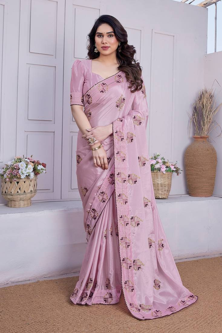 Women's pink embroidery work silk blend saree with unstitched piece