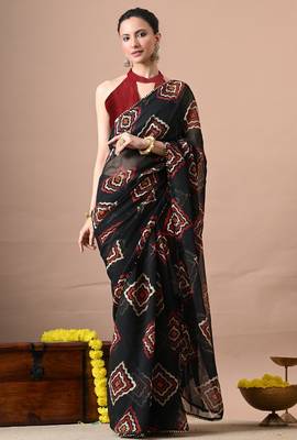 Women's black block print georgette saree with unstitched piece 1