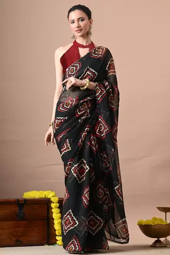 Women's black block print georgette saree with unstitched piece