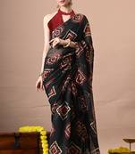 Women's black block print georgette saree with unstitched piece