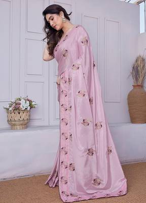 Women's pink embroidery work silk blend saree with unstitched piece 2