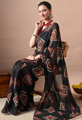 Women's black block print georgette saree with unstitched piece 2