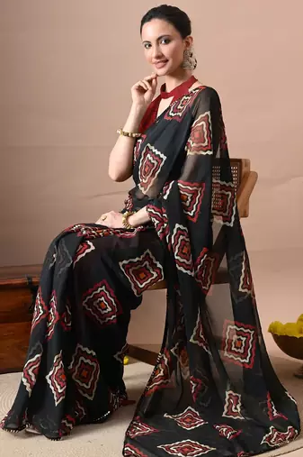 Women's black block print georgette saree with unstitched piece