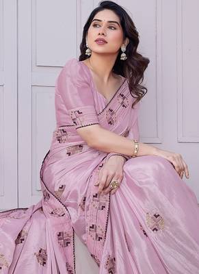 Women's pink embroidery work silk blend saree with unstitched piece 3