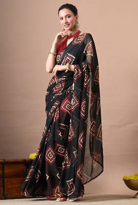 Women's black block print georgette saree with unstitched piece 3