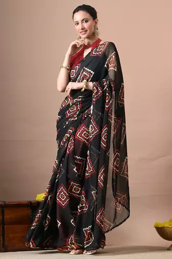 Women's black block print georgette saree with unstitched piece