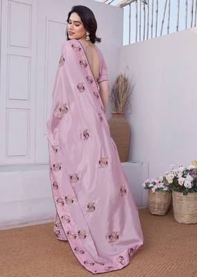 Women's pink embroidery work silk blend saree with unstitched piece 4