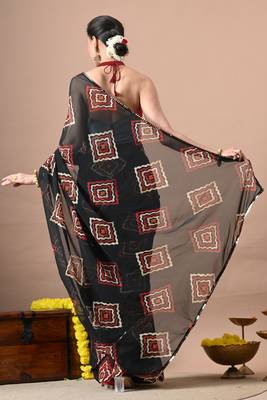 Women's black block print georgette saree with unstitched piece 4
