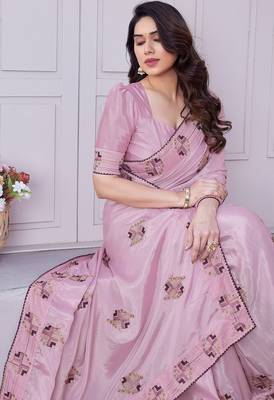 Women's pink embroidery work silk blend saree with unstitched piece 5