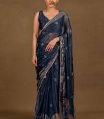 Women's blue foil block print chiffon saree with unstitched piece
