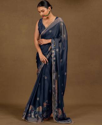 Women's blue foil block print chiffon saree with unstitched piece 2