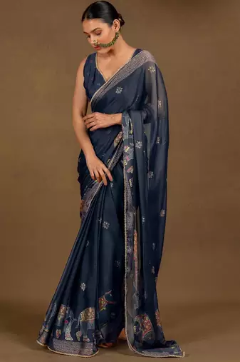 Women's blue foil block print chiffon saree with unstitched piece