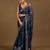 Women's blue foil block print chiffon saree with unstitched piece