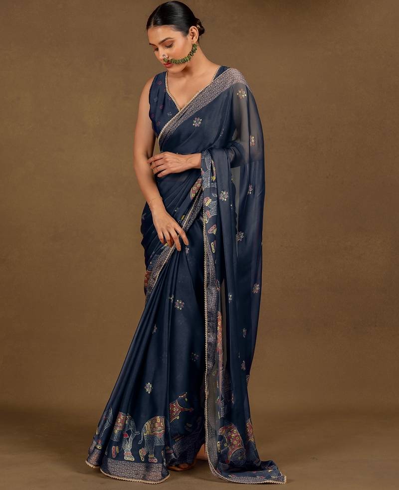 Women's blue foil block print chiffon saree with unstitched piece