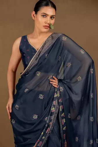 Women's blue foil block print chiffon saree with unstitched piece