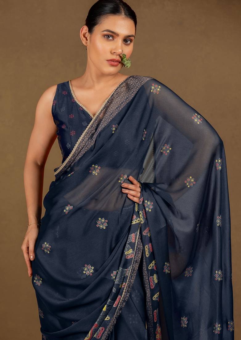 Women's blue foil block print chiffon saree with unstitched piece