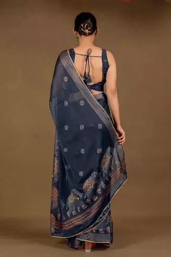 Women's blue foil block print chiffon saree with unstitched piece