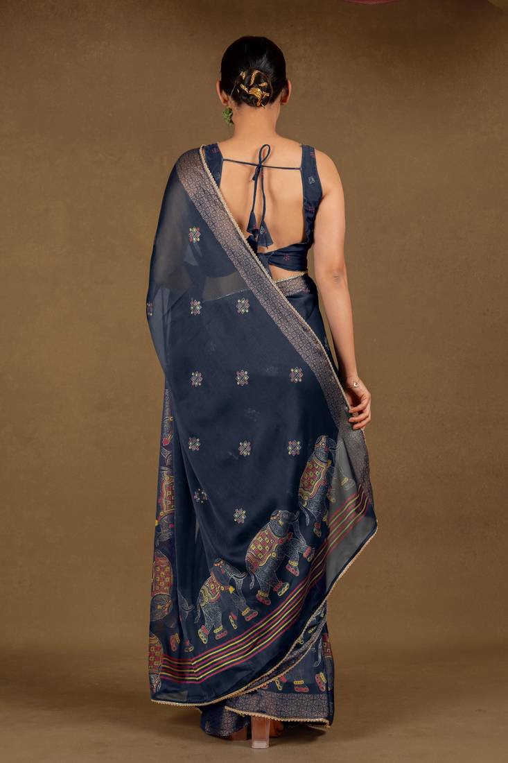Women's blue foil block print chiffon saree with unstitched piece