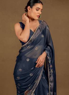 Women's blue foil block print chiffon saree with unstitched piece 5
