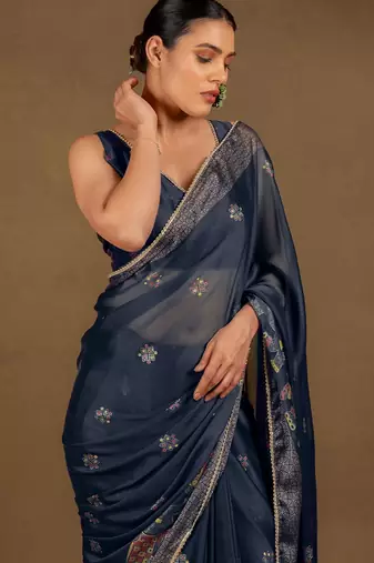 Women's blue foil block print chiffon saree with unstitched piece