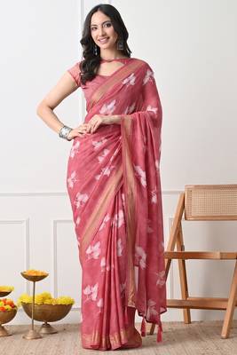 Women's coral floral print georgette saree with unstitched piece 1