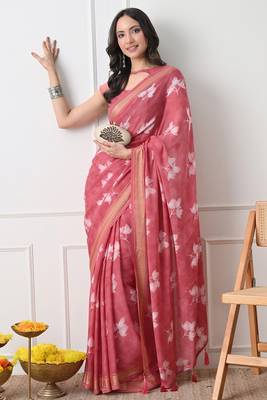 Women's coral floral print georgette saree with unstitched piece 2